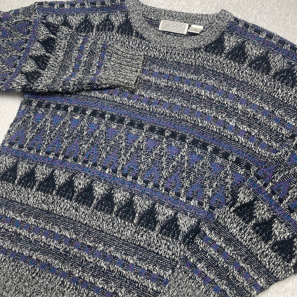 Vintage 90s Method Sweater Mens Medium Geometric Intarsia Knit Blue Purple Black